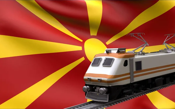 Kuzey Makedonya Ulusal Bayrağı Hızlı Trenlerle Demiryolu Lokomotifi Turistlerin Seyahat — Stok fotoğraf
