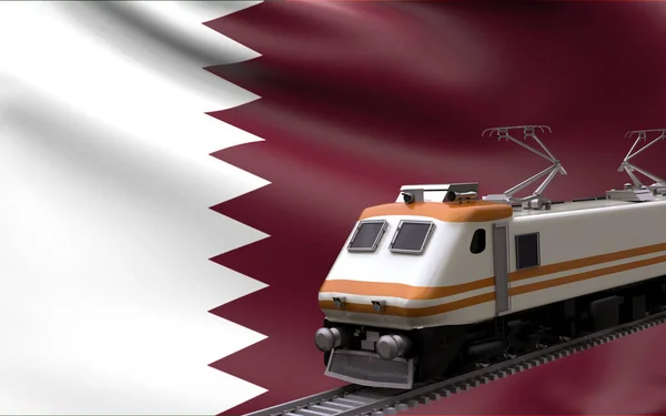 stock image Qatar country national flag with speed trains railroad locomotive tourist traveling path international journey infrastructure concept 3d rendering image