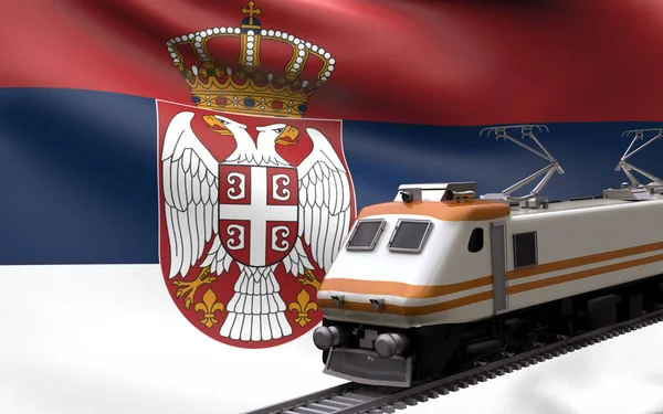塞尔维亚国旗快车铁路火车头旅游路径国际旅行基础设施概念三维渲染图像 — 图库照片
