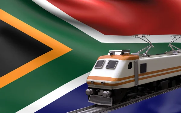 South Africa country national flag with speed trains railroad locomotive tourist traveling path international journey infrastructure concept 3d rendering image