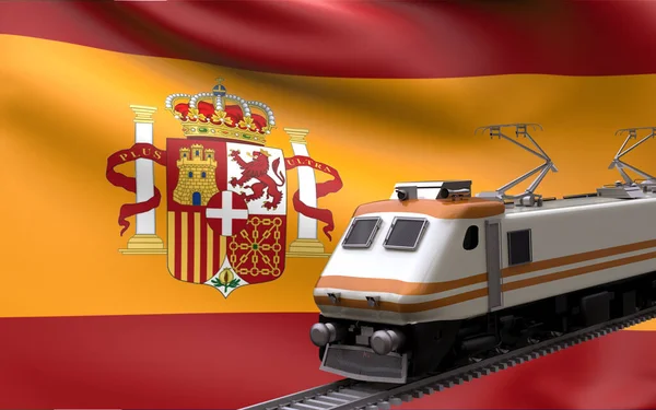 速度列車鉄道機関車旅行パス国際的な旅インフラコンセプト3Dレンダリングイメージとスペインの国の国旗 — ストック写真