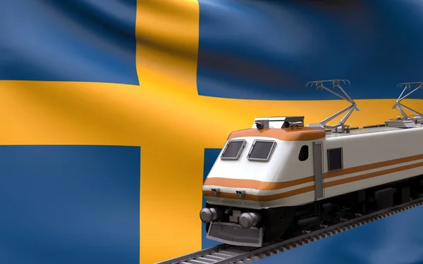 Sveç Ulusal Bayrağı Ile Hızlı Trenler Demiryolu Lokomotifi Turist Seyahat — Stok fotoğraf