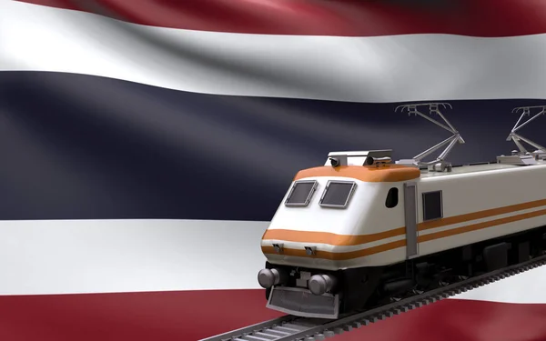 Thailand country national flag with speed trains railroad locomotive tourist traveling path international journey infrastructure concept 3d rendering image