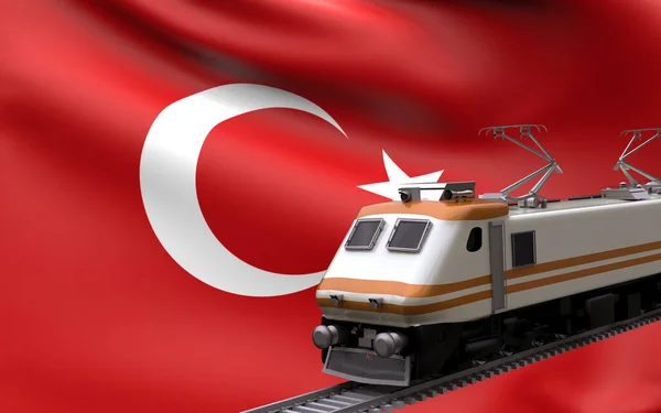Turkey country national flag with speed trains railroad locomotive tourist traveling path international journey infrastructure concept 3d rendering image