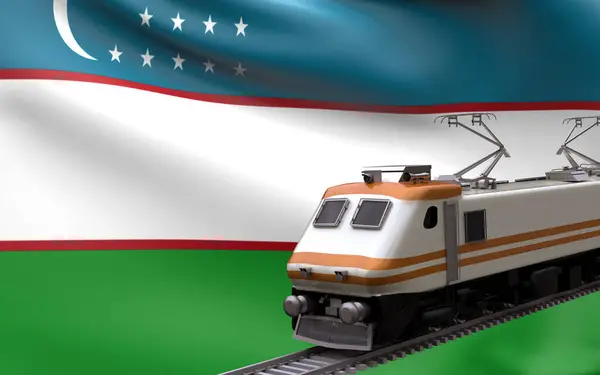 Uzbekistan Land Nationell Flagga Med Snabbtåg Järnväg Lok Turist Reser — Stockfoto