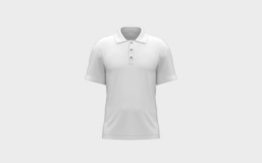 Logo ya da günlük kumaş kıyafet şablonu için boş alan içeren beyaz boş polo gömlek modeli izole ön kamera görüntüsü 3d görüntüleme