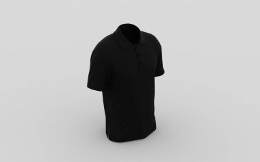 Siyah spor polo golfü ya da futbol logot baskı amblemi kullanıma hazır. Katı arkaplan erkek tekstil modelleme ön sol perspektif kamera görüntüleme 3D