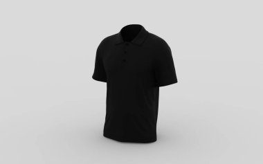 Siyah spor polo golfü ya da futbol logoti baskı amblemi kullanıma hazır. Katı arkaplan erkek tekstil modelleme ön sağ perspektif kamera görüntüleme 3D