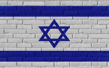 İsrail 'in ulusal bayrağını eski tuğla desenli duvarlara, çatlaklar ve beton konseptle boyamış. 3D gerçekçi arkaplan pankartı.