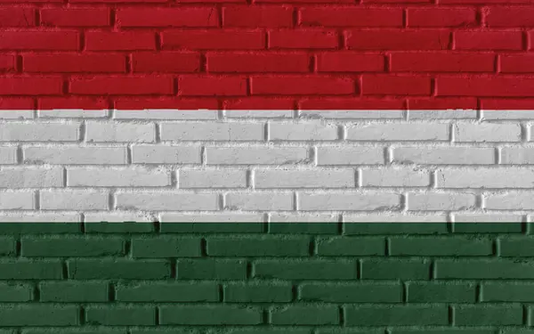 Hungary Country National Flag Painting Old Brick Textured Wall Cracks — 图库照片