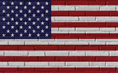 Amerika Birleşik Devletleri ulusal bayrağını çatlaklarla ve beton konseptle örülmüş eski tuğlalarla boyamış. 3D gerçekçi arkaplan pankartı.