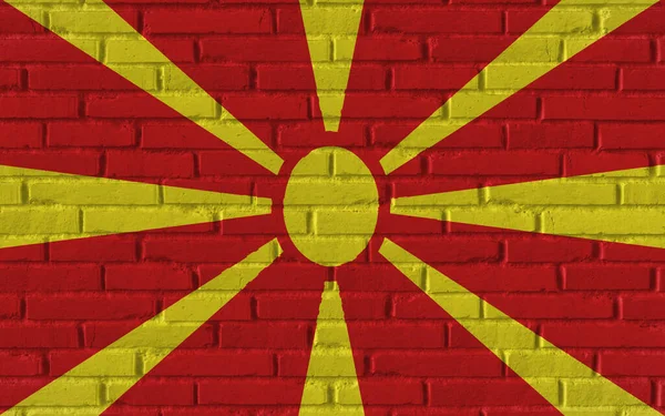 Nord Makedonien Land Nationell Flagga Målning Gamla Tegel Texturerad Vägg — Stockfoto