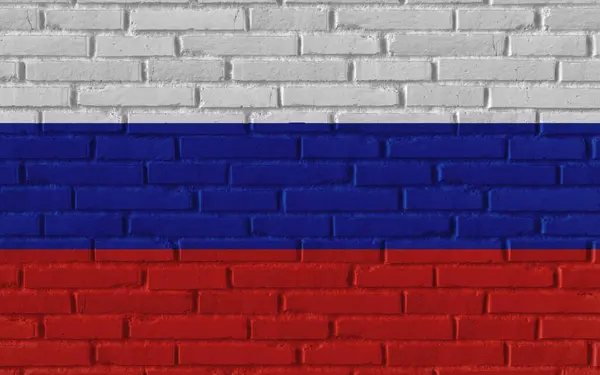 俄罗斯国旗在旧砖结构墙体上的绘画 带有裂缝和具体概念3D 形象逼真背景横幅 — 图库照片
