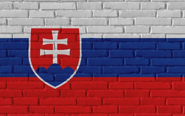 斯洛伐克国旗在旧砖墙上的绘画 带有裂缝和具体概念3D 使图像成为现实的背景旗帜 — 图库照片
