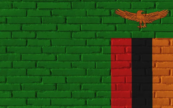 带有裂缝和具体概念的旧砖墙上的赞比亚国旗绘画 — 图库照片