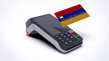 Kredi kartında Ermenistan ulusal bayrağı, POS satış noktası terminali ödemesi ile birlikte beyaz arka planda izole edilmiş, boş alan 3D görüntüleme gerçekçi modeli