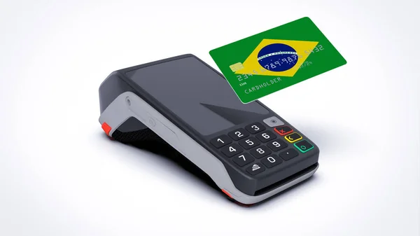Государственный Флаг Бразилии Кредитной Банковской Карте Pos Точкой Платежа Терминала — стоковое фото