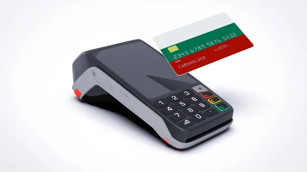 stock image Bulgaria country national flag on credit bank card with POS point of sale terminal payment isolated on white background with empty space 3d rendering image realistic mockup