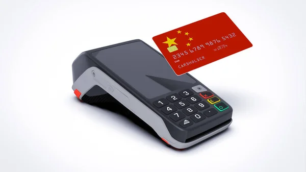 China country national flag on credit bank card with POS point of sale terminal payment isolated on white background with empty space 3d rendering image realistic mockup