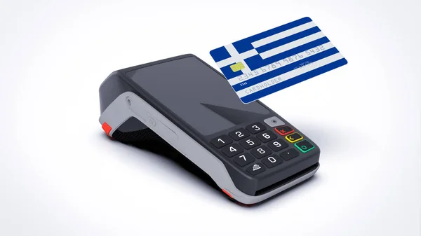 Государственный Флаг Греции Кредитной Банковской Карте Pos Точкой Платежа Терминала — стоковое фото