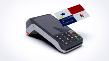 Panama ülke ulusal bankası kredi kartı üzerinde POS satış noktası terminal ödemesi beyaz arkaplan üzerinde izole edilmiş boş alan 3d görüntü gerçekçi modelleme