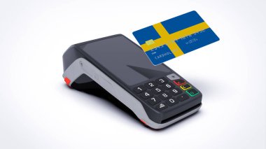 İsveç ülke ulusal bayrağı kredi kartı üzerinde POS satış noktası terminal ödemesi beyaz arkaplan üzerinde izole edilmiş boş alan 3d görüntüleme gerçekçi modelleme