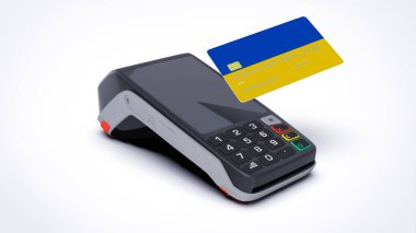 Ukrayna ülke ulusal bayrağı kredi kartında POS satış noktası terminali ödemesi beyaz arka planda izole edilmiş ve boş alan 3d görünüm gerçekçi modelleme
