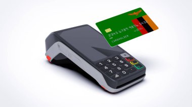 Zambiya ülke ulusal bankası kredi kartı üzerinde POS satış noktası terminal ödemesi beyaz arkaplan üzerinde izole edilmiş boş alan 3d görüntüleme gerçekçi modelleme