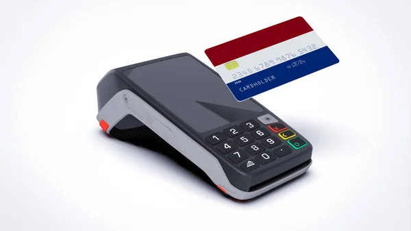 Niederlande Länderflagge Auf Kreditkarte Mit Kassenterminal Zahlung Isoliert Auf Weißem — Stockfoto