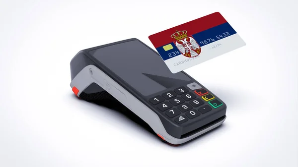 Государственный Флаг Сербии Кредитной Банковской Карте Pos Точкой Оплаты Терминала — стоковое фото