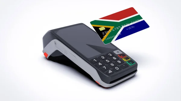 stock image South Africa country national flag on credit bank card with POS point of sale terminal payment isolated on white background with empty space 3d rendering image realistic mockup