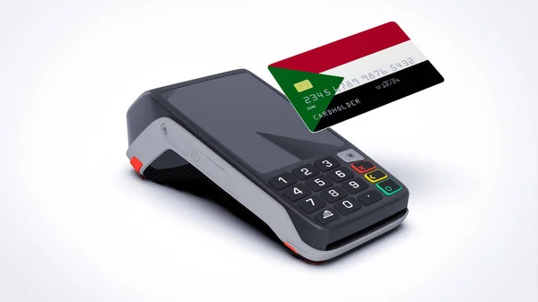 Drapeau National Soudan Sur Carte Bancaire Crédit Avec Paiement Terminal — Photo