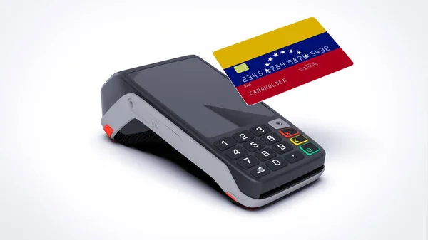 Государственный Флаг Венесуэлы Кредитной Банковской Карте Pos Точкой Оплаты Терминала — стоковое фото