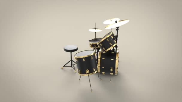 音楽ドラムセット現代の最小限の機器ロックジャズメタルポップゴールドと黒の古典的な隔離された3Dループビデオ — ストック動画