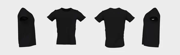 黑色空白单色T恤造型与四个不同的观点的空休闲装服装造型与孤立固体模板3D渲染图像 — 图库照片