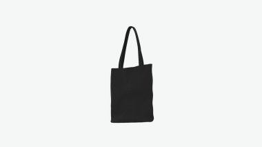 Siyah boş basit eco mağazası tutacağı çanta modelleme şablonu katı renk tekstil geri dönüşüm logosu kullanım logosu yeniden kullanılabilir kavram ön sol perspektif kamera görüntüsü 3d