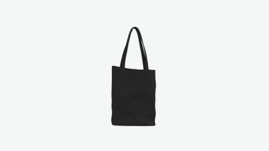 Siyah boş basit eco mağazası tutacağı çanta modelleme şablonu katı renk tekstil geri dönüşüm logosu kullanımı yeniden kullanılabilir taşıma konsepti ön sağ kamera görüntüsü 3d