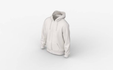 Reklamcılık ve e-ticaret için minimalist beyaz kapüşonlu model. Özelleştirme logosu ya da baskısı için Unisex kazak boş tuval. İzole görüntü izometrik ön sağ görünüm 3B görüntüleniyor