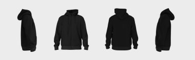 Üç boyutlu resim kolajı dört kenarlı siyah kapüşonlu modeller farklı açılar gösteriyor. Bu unisex boş tasarım reklam özelleştirme ve gerçekçi ürün e-ticareti için idealdir.