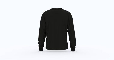 E-ticaret reklamları için siyah uzun kollu sweatshirt modeli. Logo baskı özelleştirmesi için ideal gerçekçi kumaşlı Unisex boş tasarımı. 3 boyutlu görüntü izole ürün gösterimini geri getir
