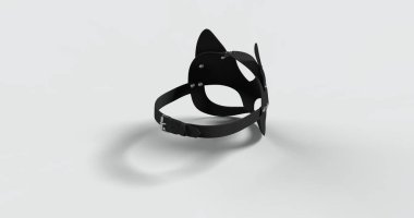 Yetişkin rolü ve fetiş temalı tasarımlar için 3D siyah deri maske. BDSM vites ya da erotik aksesuar reklamları için ideal. Yüksek kalite provakatif arka izometrik sol görünüm