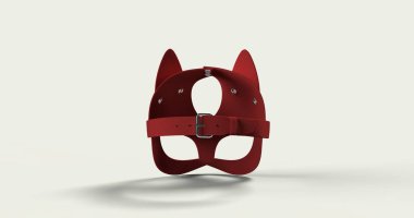 Kırmızı deri maske 3D. Yetişkin rol yapma fetişi teması için kışkırtıcı bir tasarım sergiliyor. BDSM aksesuarları ve erotik moda promosyonları için mükemmel bir reklam. Arka plan