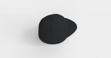 American-style black trucker cap with flat visor designed realistic 3D rendering. Natural textured fabric that mimics soft fleece Ideal for branding advertising or apparel design back left view clipart