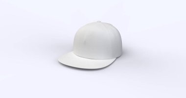 Düz vizörlü beyaz kamyoncu şapkası gerçekçi yün desenli kumaş. Markalaştırma ve moda kavramları için mükemmel. Modern ve çok yönlü bir tasarım. Sağ üst görünüm.