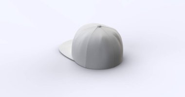 Düz vizörlü beyaz kamyoncu şapkası gerçekçi yün desenli kumaş. Markalaştırma ve moda kavramları için mükemmel. Modern ve çok yönlü bir tasarım sol görüşü sergiliyor.