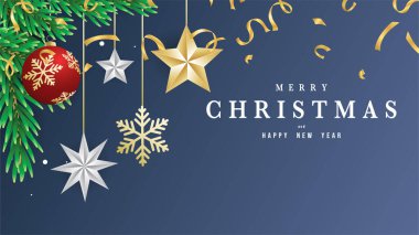 Mavi arka planda Noel tatili için hediye broş yaprağı ve element ile Mutlu Noeller, yassı modern tasarım, illüstrasyon Vector EPS 10