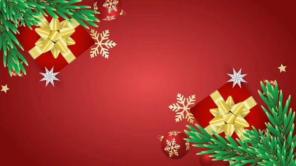 Ramka Boże Narodzenie Czerwonym Tle Liściem Pinu Prezent Element Święta — Wektor stockowy