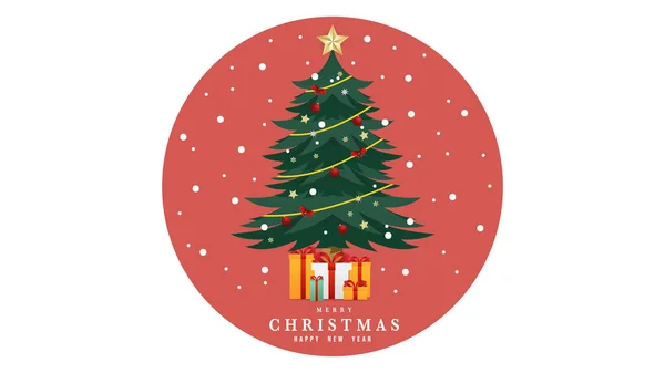 Kerstboom Met Cadeau Met Sneeuw Achtergrond Red Circle Vlak Modern — Stockvector