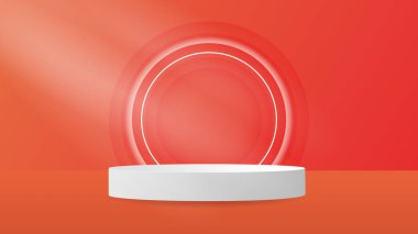 Kırmızı arka planda beyaz podyumlu kırmızı ürün görüntüsü, illüstrasyon Vector EPS 10