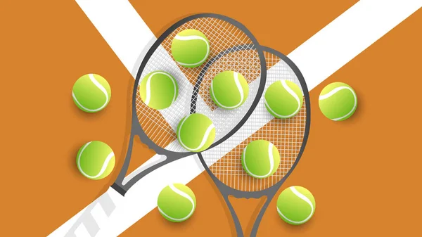 白い線粘土コートテニスのテニスラケットのテニスボール オンラインスポーツイベントで使用するためのイラスト イラストベクターEps — ストックベクタ